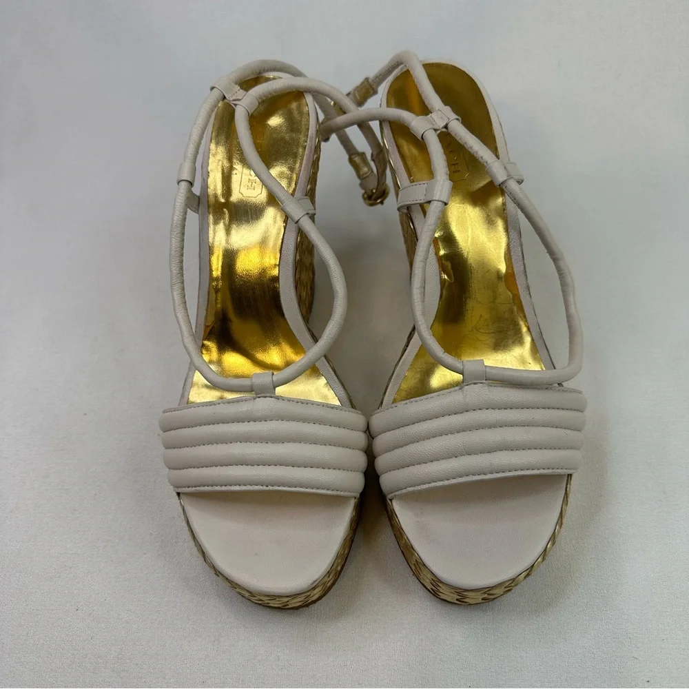 Coach Gold Woven Platform Wedge Sandals Size 8 Cream Leather Strappy